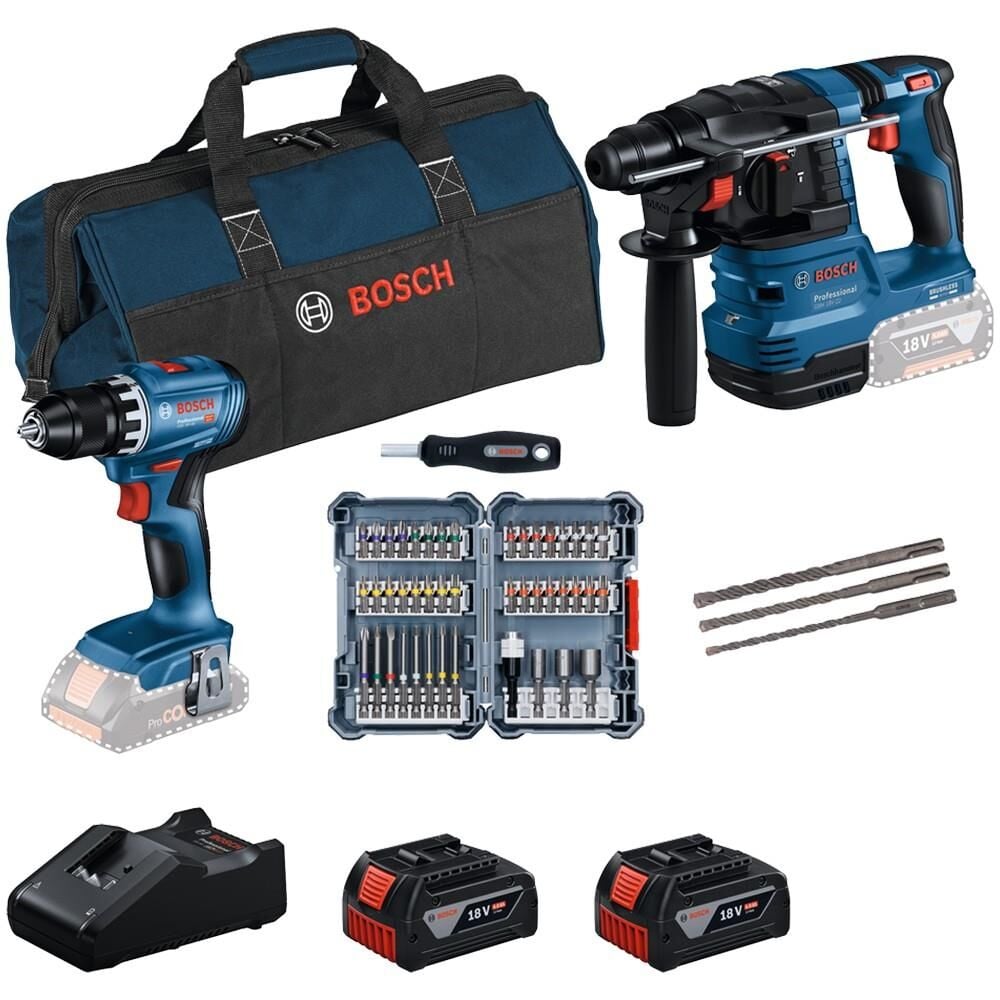 BOSCH GSR 18V-45 + GBH 18V-22 + 45 Parça Bits Uç Seti + 3 Parça SDS Plus + 5 Parça Kırıcı Delici Set (2x4.0Ah + Gal 18V-40 Şarj Cihazı) (0 615 V00 03D)