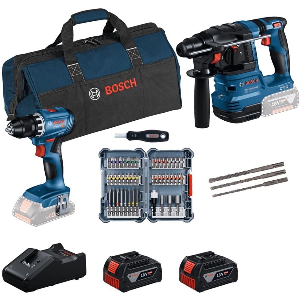 BOSCH GSR 18V-45 + GBH 18V-22 + 45 Parça Bits Uç Seti + 3 Parça SDS Plus + 5 Parça Kırıcı Delici Set (2x4.0Ah + Gal 18V-40 Şarj Cihazı) (0 615 V00 03D)