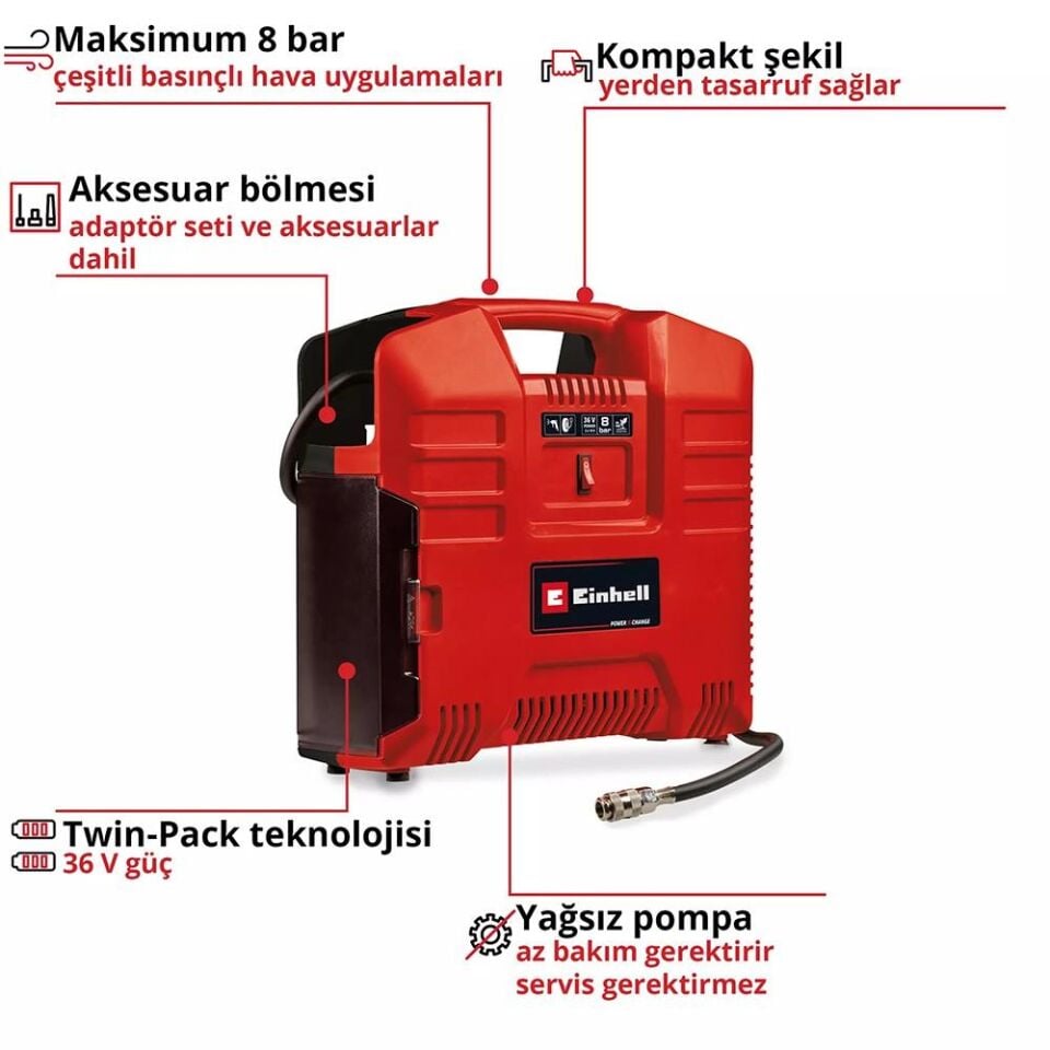 EİNHELL TE-AC 36/8 LI OF SET Akülü Kompresör (Akü Dahil Değildir.) (4020440)