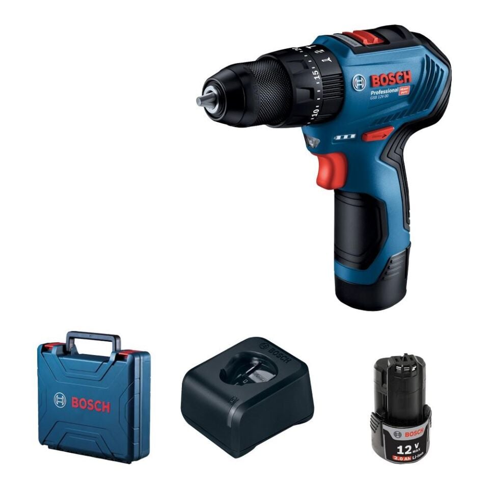 BOSCH GSB 12V-30 Akülü Darbeli Delme Vidalama Makinesi (2x2.0Ah) (0 601 9G9 100)